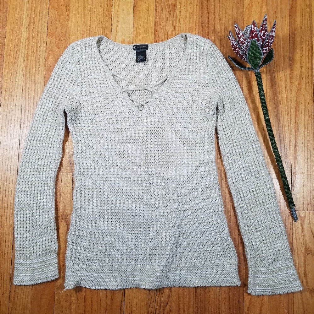 New Directions cream sweater lace up front S
